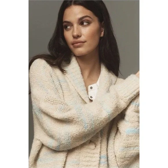 NWT Anthropologie Pilcro Beige and Blue Oversized Cardigan Sweater w/ Pockets - Picture 2 of 11